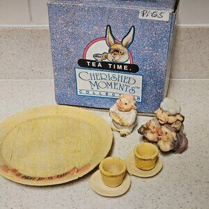 Vintage 90s Miniature Resin Tea Set - Cherished Moments Tea Time - Pigs in tub